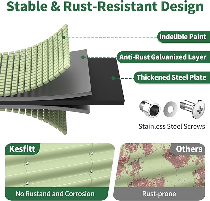 Kesfitt Raised Garden Bed, Metal Galvanized Steel Oval Garden Bed 8x2x1.5 ft with 18-Inch Deep Open-Bottom Design for Outdoor Vegetable Gardening, Fruit Green