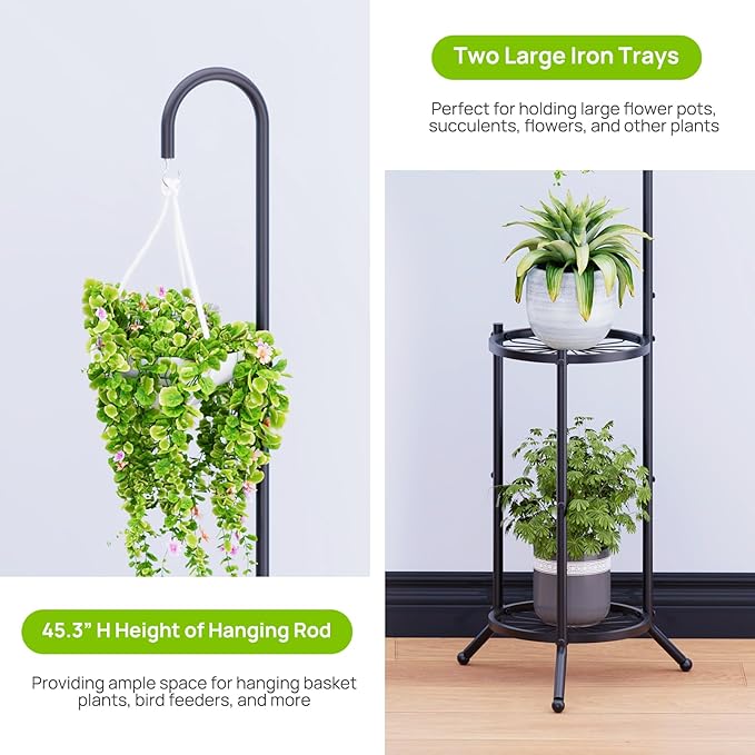 2-tier Hanging Plant Stand Plant Hanger Indoor Outdoor Corner Plant Stands for Indoor Plants, Space-Saving Iron Planter Shelves, Multiple Flower Pot Display Holder Shelf with Hanging Hook, Indoor Outdoor Heavy Duty Planter Shelving Unit (Hooked-style,B...