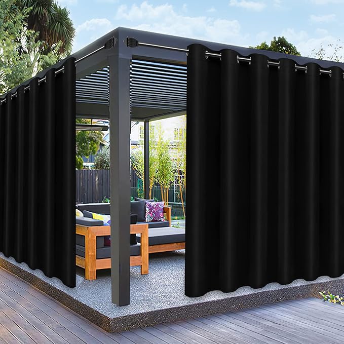 PureFit Outdoor Curtains for Patio Waterproof Weatherproof, UV Resistant Outside Curtains for Gazebo, Front Porch, Pergola, Sun Blocking Privacy Curtain, 100W x 120L inch, 1 Panel, Black