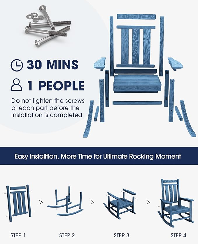 KINGYES Oversized Outdoor Rocking Chair Set of 8, All-Weather Patio Rocking Chairs for Porch, HDPE Outdoor Patio Rockers with High Back & Wide Seat for Garden, Lawn, Blue