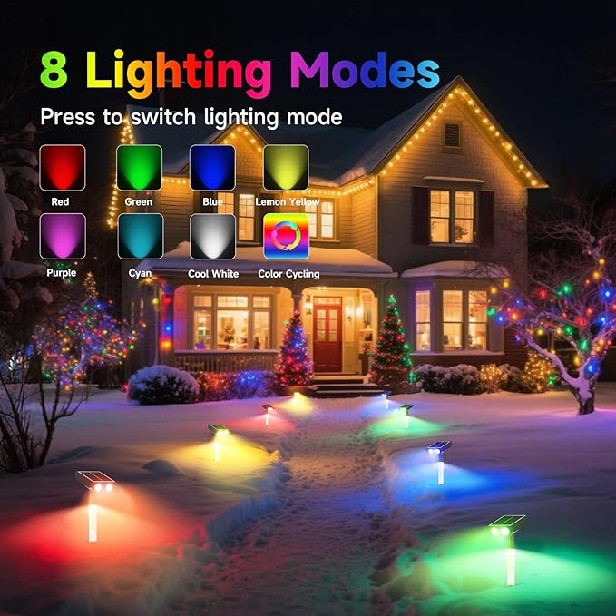 Color Changing Solar Spot Lights Outdoor with PC Light Guide Column, 8 Lighting Modes Christmas Landscape Spotlights, IP65 Waterproof RGB Solar Spotlights for Garden Yard Tree Pathway, 12Pack