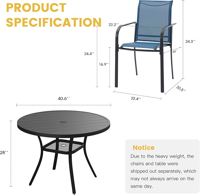 VICLLAX 5 Pieces Patio Dining Set for 4, Outdoor Furniture Set Includes 40.7" Round Patio Table and 4 Patio Stackable Chairs, Black Tabletop and Blue Fabric