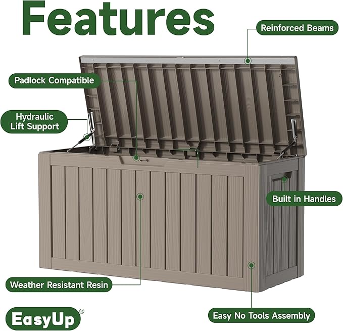 EasyUp 80 Gallon Resin Deck Box Storage Outdoor Waterproof Boxes Lockable UV Resistant Container for Patio Furniture Cushions Pool Supplies Garden Tool, Equipment Outside Storage Delivery, Gray