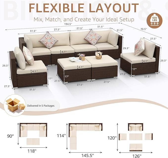 NICESOUL 8 Seat 29.3'' High Back Outdoor Furniture Set, Extra Large Rattan Patio Conversation Sets, Deep Seating Modular Sectional with Ottoman, Oversized Conversations for Backyard, Brown and Beige