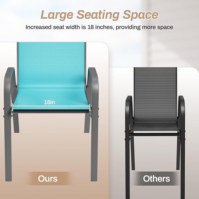 TLSUNNY Patio Chairs, Stackable Textilene Outdoor Dining Furniture for All Weather, with 17.7″ Wide Seat & Metal Frame, for Garden, Backyard, Deck, Restaurant, Poolside (8, Turquoise Blue, 26.4″)