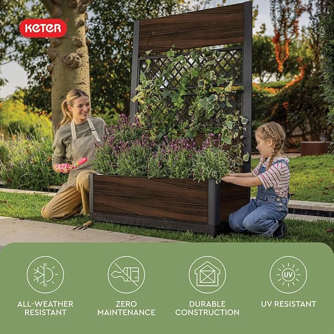Keter Outdoor Planter Box with Privacy Screen and Trellis – 26 Gallon Raised Garden Bed for Climbing Plants & Flowers – Wood-Look Resin, Weather-Resistant Divider for Patio, Balcony & Backyard