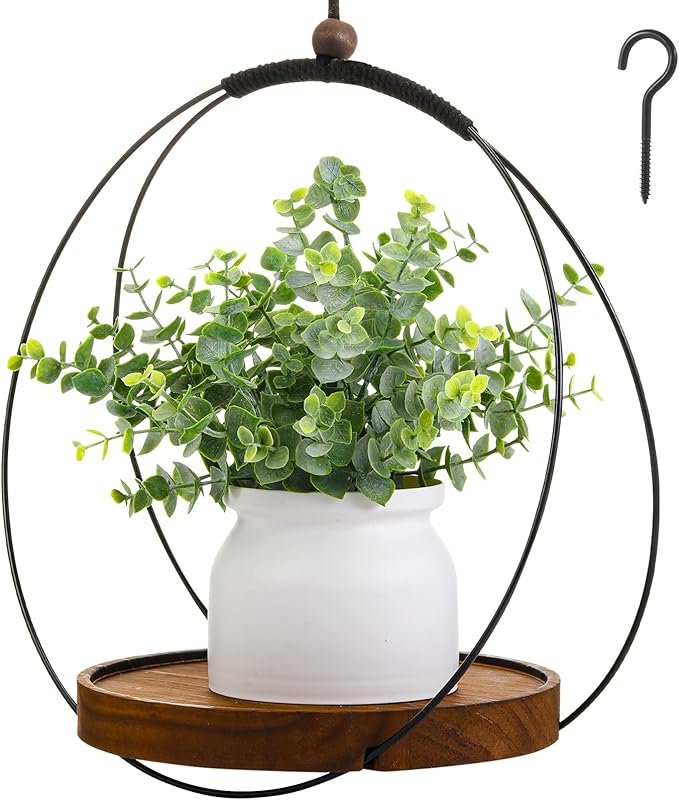 1 Pack Hanging Planters for Indoor Black Plant Hanger with Round Wood Base Large Indoor Hanging Plant Shelf Boho Holder Gift for Mom,housewarming (Round)
