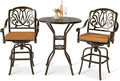 VIVIJASON 3-Piece Patio Swivel Bar Stools Set, All Weather Cast Aluminum Outdoor Bar Height Bistro Set with 2 Cushioned Bar Chairs & 31" High Bar Table w/Umbrella Hole for Backyard, Lawn, Garden