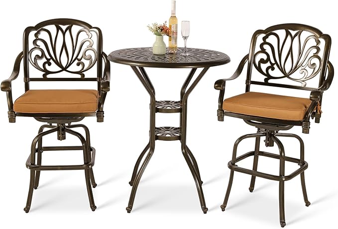 VIVIJASON 3-Piece Patio Swivel Bar Stools Set, All Weather Cast Aluminum Outdoor Bar Height Bistro Set with 2 Cushioned Bar Chairs & 31" High Bar Table w/Umbrella Hole for Backyard, Lawn, Garden