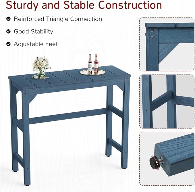 Stoog Patio Bar Table, All-Weather Outdoor Bar Height Table with Adjustable Feet, Low Maintenance, for Balcony, Deck, Porch, and Poolside, Blue