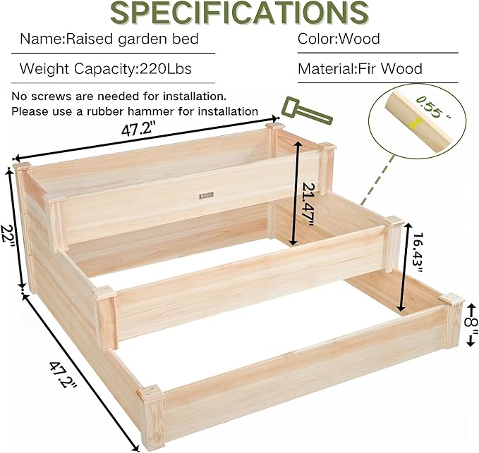 3-Tier Raised Garden Bed with Fabric Liner, Wood Elevated Planter Box with Dovetail Joint Design, 3 Dividable Bed Kit for Vegetables/Herbs/Flowers, Outdoor Gardening for Patio, Lawn, Balcony
