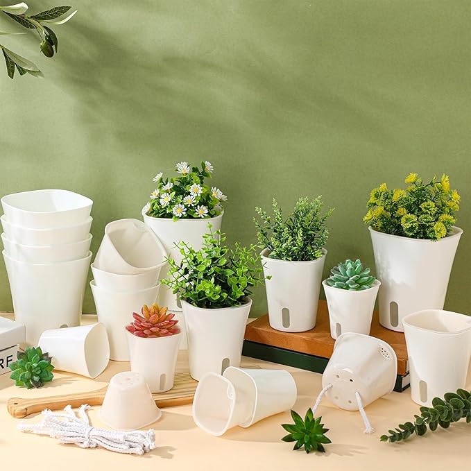18 Pcs Self Watering Pots Plastic Plant 3 Sizes Flower Plant Pot with Inner White Flower Pots for Indoor House Plants Plastic Self Watering Pot for Herbs Flowers