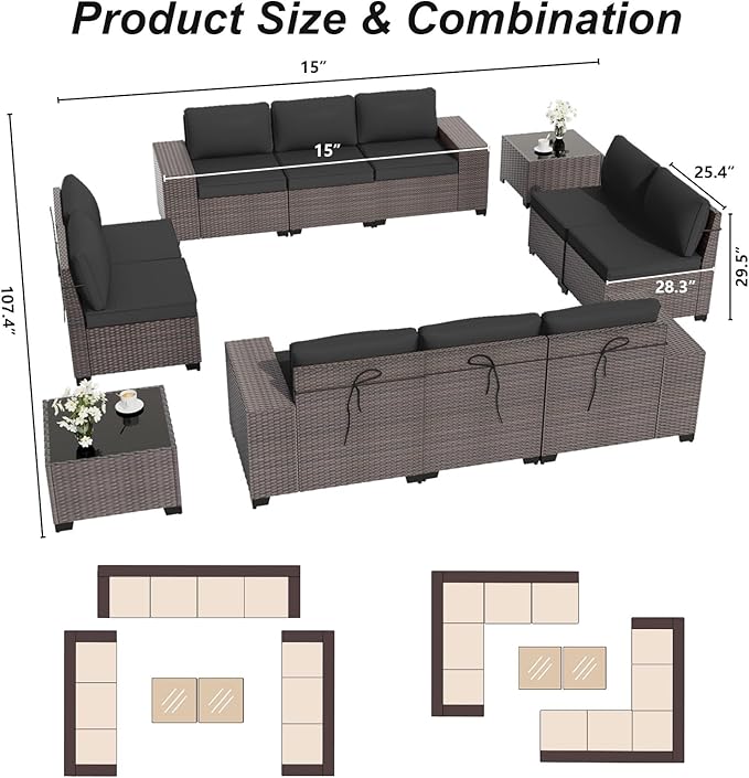 ALAULM 12 Pieces Patio Furniture Set Outdoor Sectional Sofa Brown PE Rattan Patio Conversation Set w/10 Seat Cushions and 2 Coffee Tables-Elegant Black