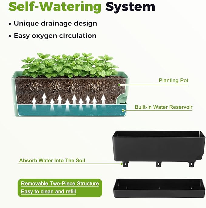 Self Watering Pots for Indoor Plants 17 Inches Window Boxes Planters Rectangular Flower Pots Rectangle Herb Pots Large Plant Pots with Drainage Holes and Saucers Windowsill Planter (2, Black)