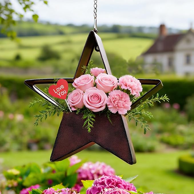Metal Plant Hangers Indoor and Outdoor for Mom Women Her Wife Garden Lovers Birthday - Star Shape Hanging Planters for Window Wall Living Room Office Decor(Rustic)
