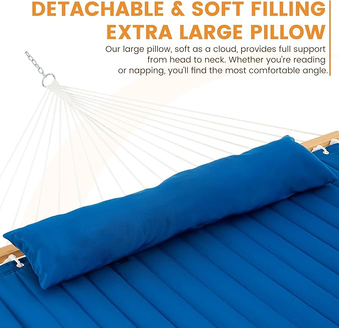 Lazy Daze 12 FT Double Quilted Fabric Hammock with Spreader Bars and Detachable Pillow, 2 Person Hammock for Outdoor Patio Backyard Poolside, 450 LBS Weight Capacity, Dark Blue/Natural