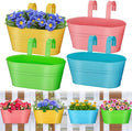 MADHOLLY Railing Planter with Drainage Holes - Sturdy Bucket Pots for Railing Fence, Countryside Style Metal Flower Pots for Herbs Balcony Garden Yard Decor, 4Pcs, Colorful
