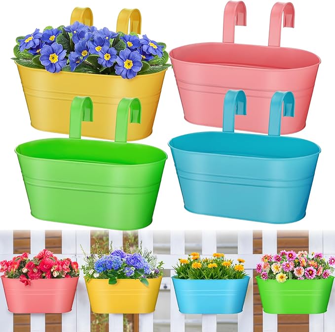 MADHOLLY Railing Planter with Drainage Holes - Sturdy Bucket Pots for Railing Fence, Countryside Style Metal Flower Pots for Herbs Balcony Garden Yard Decor, 4Pcs, Colorful