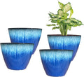 8 inch Plant Pots with Drainage Holes, Pack of 4 Plastic Flower Pots Indoor, Modern Glossy Finishing Planter for Indoor Outdoor Plants (Blue Glaze, 4 Pack)