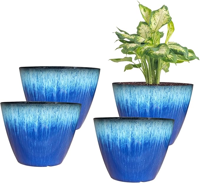 8 inch Plant Pots with Drainage Holes, Pack of 4 Plastic Flower Pots Indoor, Modern Glossy Finishing Planter for Indoor Outdoor Plants (Blue Glaze, 4 Pack)