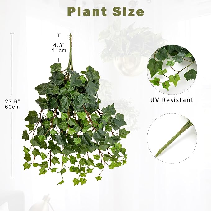 Hollyone 2pcs Artificial Hanging Plants 24" Fake Ivy Vine Faux Ivy Leaves Hanging Plant Greenery for Wall House Room Patio Indoor Outdoor Home Shelf Office Wedding Decor, UV Resistant