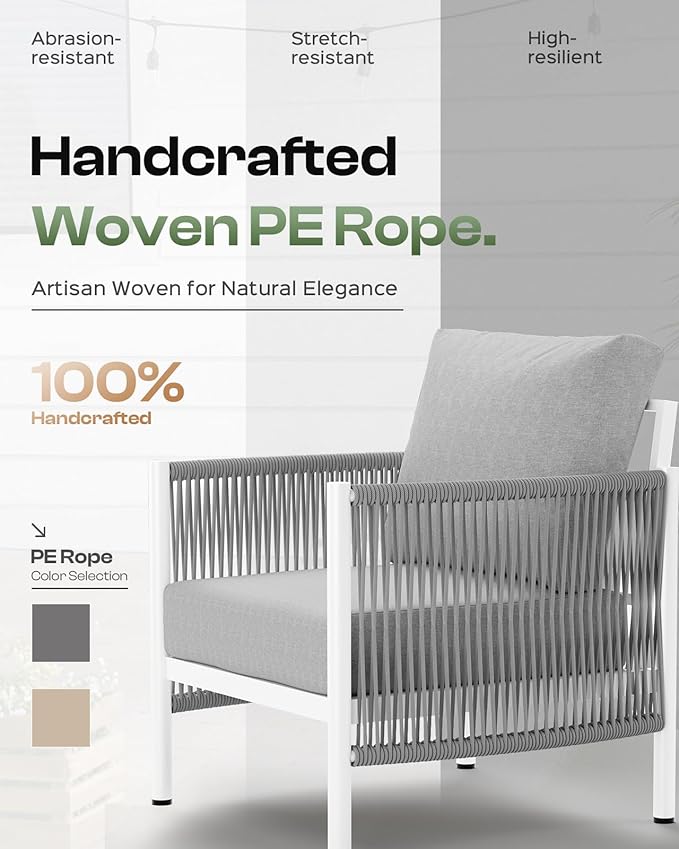 Aluminum Outdoor Patio Furniture Set with Dual-Layer Coffee Table, 4 Piece Modern Patio Conversation Sets with PE Rope, Outdoor Sectional Sofa with Thick Cushions for Balcony, Deck, White