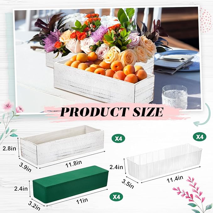 Dandat 4 Set Wood Boxes for Centerpieces 12x4 Inch Rectangle Wooden Planter Box Rustic Wooden Planters with Removable Plastic Liner Floral Foam Blocks for Christmas Wedding Home Garden Decor(White)