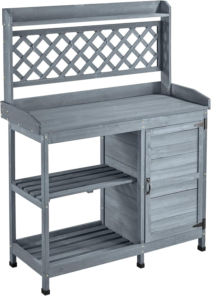 VEVOR Potting Bench Table, Outdoor Gardening Wooden Workstation with Storage Cabinet, Storage Shelves, 43 x 18 in Wood Tabletop, Garden Planting Work Station for Patio, Backyard, Balcony, Gray