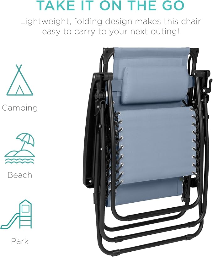 Best Choice Products Folding Zero Gravity Outdoor Recliner Patio Lounge Chair w/Adjustable Canopy Shade, Headrest, Side Accessory Tray, Textilene Mesh - Dusty Blue