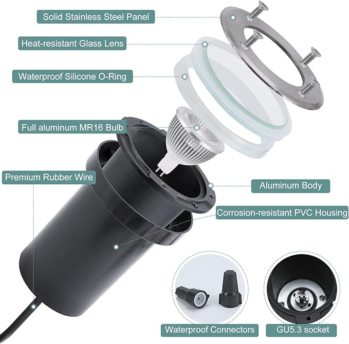 Gardencoin Low Voltage Landscape LED Well Lights, 12V in Ground Lights Outdoor IP67 Waterproof, 4.3 inch Wired Landscape Up Lighting, Included Replaceable 5W 2700K MR16 Bulb Dimmable, 6 Pack