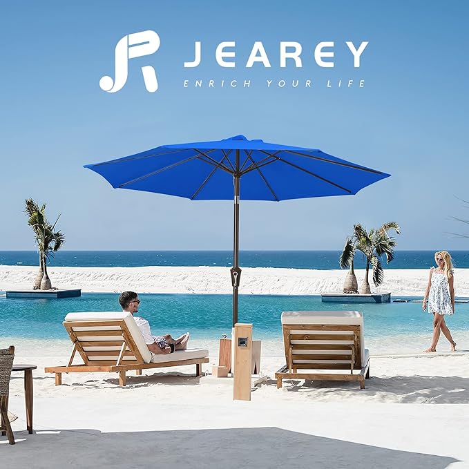 JEAREY 9FT Outdoor Patio Umbrella Outdoor Table Umbrella with Push Button Tilt and Crank, Market Umbrella 8 Sturdy Ribs UV Protection Waterproof for Garden, Deck, Backyard, Pool (Royal Blue)