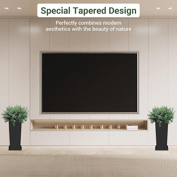 Tall Planters 18" H - 2 Pack, Tapered Pots with Drainage Insert Shelve & Trays, Metal Outdoor Planter Box for Porch, Garden, Patio, Yard (Black)