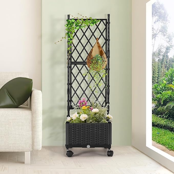 Planter Box with Trellis, 4ft Tall Self-Watering Plastic Raised Garden Beds and Lattice Trellis with Lockable Wheels & Drain Plug for Outdoor Patio Backyard Balcony, Black, 1 Pc