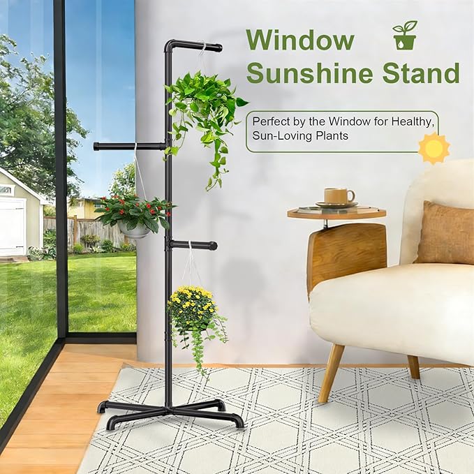 Hanging Plant Stand, Plant Hanger Indoor, Corner Hanging Plant Stand, Black Metal Holder for Bedroom, Living Room, Garden, Balcony