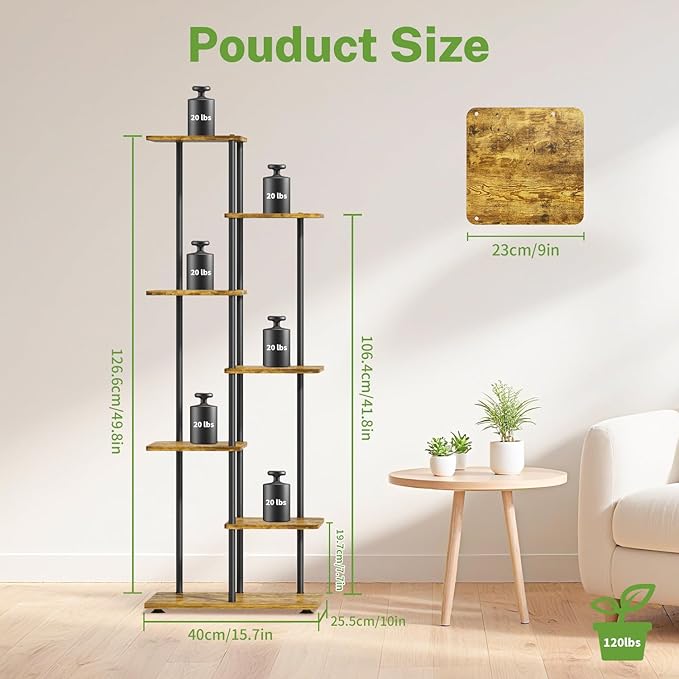 iDavosic.ly 6 Tier Tall Plant Stand Indoor, Tiered Corner Metal Wood Multiple Flower Holder Shelf, 50 Inch Orchid Display Rack for Patio Porch Living Room Balcony Outdoor, Modern Black & Rustic Brown