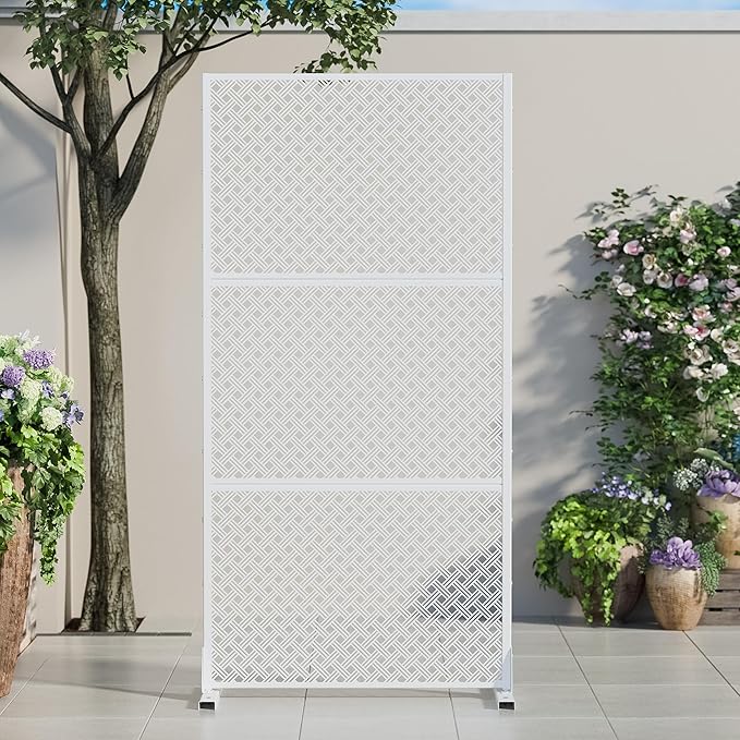 Casaphoria 72" H x 35" W Metal Outdoor Privacy Screen, Freestanding Decorative Divider for Patio, Deck, Balcony, and Garden with Stable Base, White-Jason