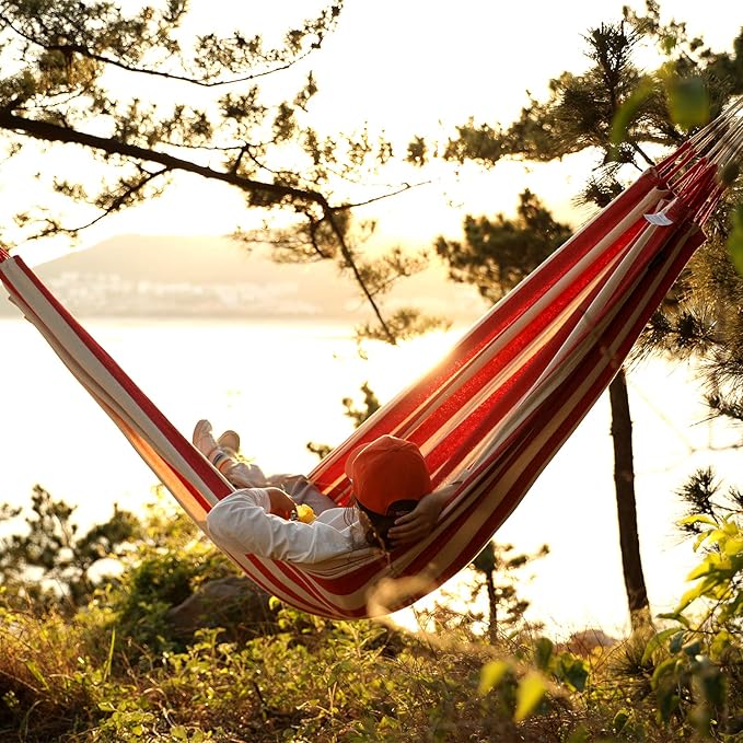 Brazilian Double Hammock 2 Person with Tree Straps, Cotton Hammock with Carrying Bag - Woven Hammock for Patio, Backyard, Porch, Outdoor and Indoor Use - Soft Cotton Fabric Hammocks