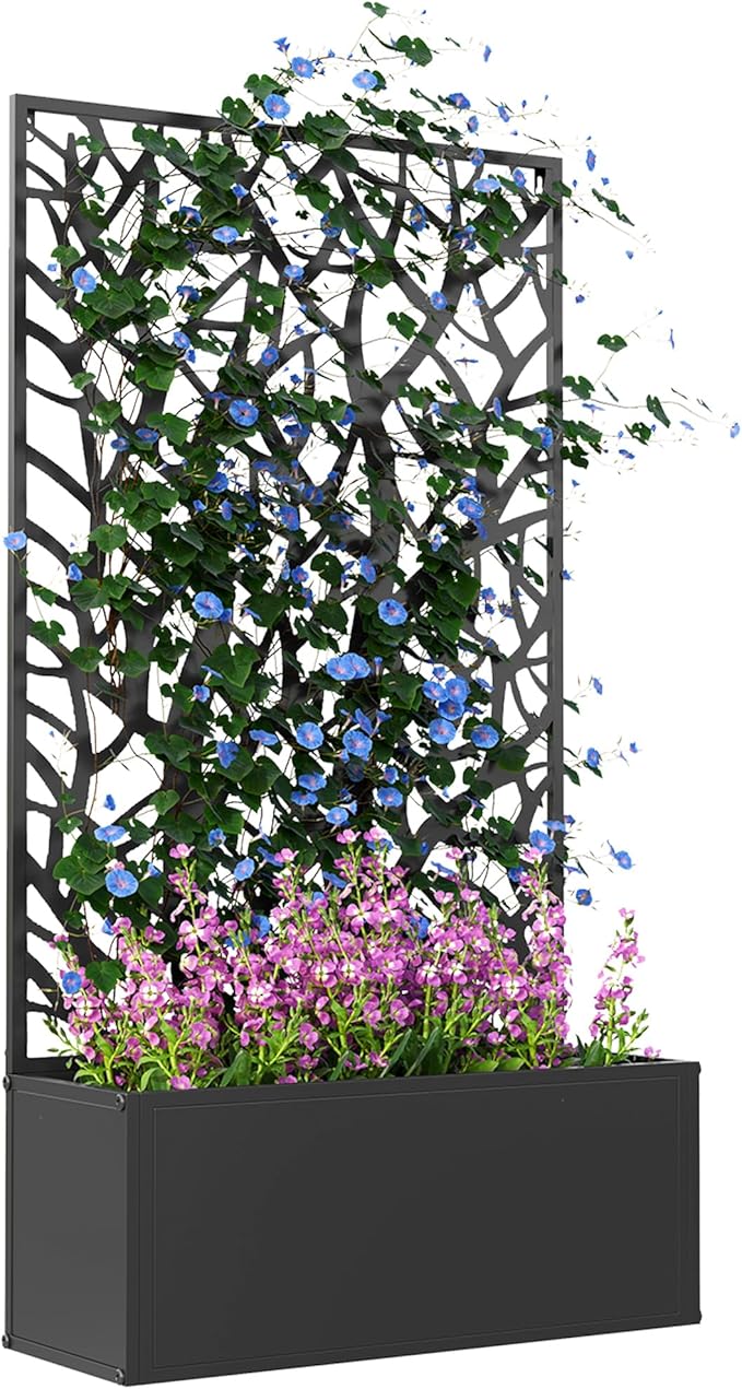 Outsunny Metal Raised Garden Bed with Trellis for Climbing Plants, Freestanding or Wall Mounted Flower Bed with Privacy Panel, Two Big Tree Cut-Outs Outdoor Planter Box for Garden, Patio, Balcony