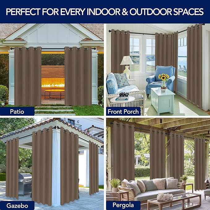 PureFit Outdoor Curtains for Patio Waterproof Weatherproof, UV Resistant Outside Curtains for Gazebo, Front Porch, Pergola, Sun Blocking Privacy Curtain, 52W x 120L inch, 1 Panel, Camel