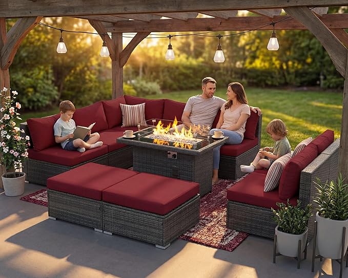 NICESOUL Backyard Furniture Set with Firepits Natural Gas/Propane, 9 Seater XL Oversized Wicker Sectional Couches, 29.3'' High Back Comfy Deep Wide Outdoor Patio Sofa Set, 2 Color Cushion Red & Gray
