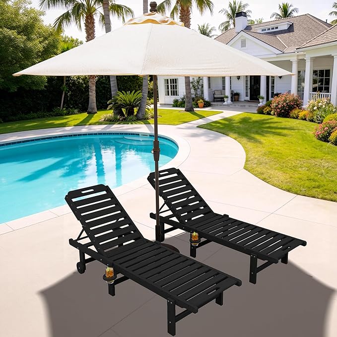 SERWALL Outdoor Chaise Lounge Set of 2 with 9FT Umbrella, HDPE Pool Lounge Chair with 5-Position Adjustable Backrest, Patio Lounger with Rolling Wheels & Cup Holder for Pool, Black
