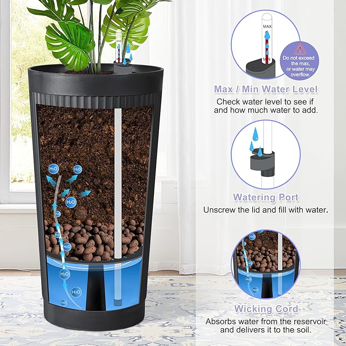 24in Tall Self-Watering Planters Set of 2 - Black Flower Pots with Water Level Monitor, Non-Toxic Plastic Planters for Indoor Outdoor Patio, Porch, Living Room, Home Office