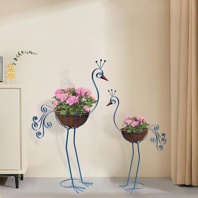 Metal Peacock Planter with Fiber Basket -Garden Bird Planters for Outdoor Indoor Lawn,Yard,Porch,Patio, Garden Decorations（Set of 2）