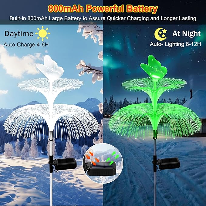 Solar Garden Lights, Gardening Birthday Gifts for Mom Grandma Women, Waterproof 7 Color Changing Jellyfish Light with Butterfly, 2 Pack Solar Flower Lights for Outdoor Pathway Yard Garden Decor