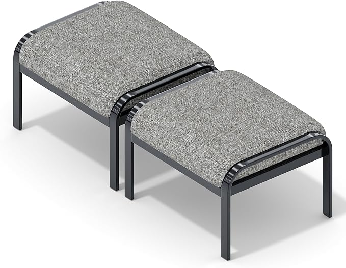 HOMREST Metal Outdoor Ottoman, 2-Piece Aluminum Footstool w/Removable Cushion, Multipurpose Footrest Stool Additional Seating, Set of 2 Outdoor Ottomans for Patio Deck (Grey)