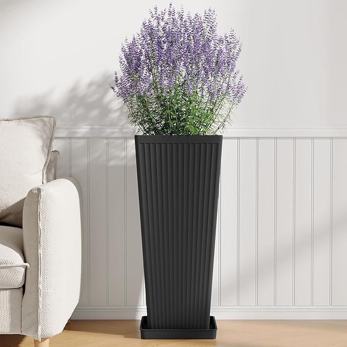 Tall Planters for Outdoor Plants Set of 2, 23.6" Large Taper Flower Plant Pots with Drainage Hole and Drainage Trays, Weather-Resistant Plastic planters for Patio, Porch, Garden, Black