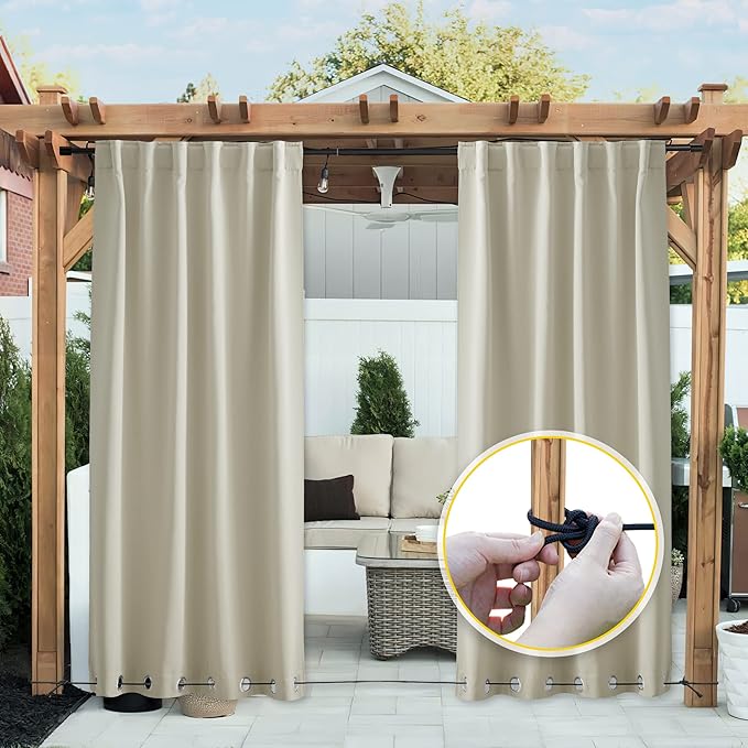 NICETOWN 2 Panels Weighted Blackout Curtains Patio Waterproof Outdoor Curtains, Thermal Insulated Top & Bottom Grommet & Back Tab Wind-Break Drapes Privacy for Pergola, W52 by L95, Light Beige