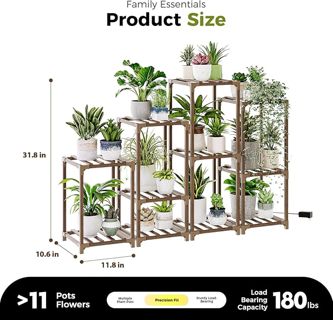 Bamworld Plant Stands with Grow Light Indoor 4 Sets Plant Shelves Outdoor Wooden Plant Holder for Multiple Plants Flower Stands Window Warm Light