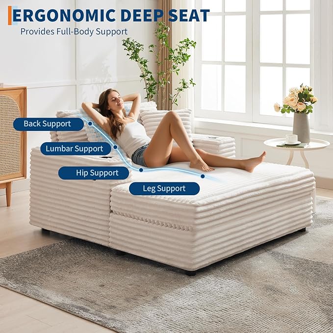GarveeHome 60-inchOversized Chaise Lounge Chair Indoor, Comfy Corduroy Lounge Sofa with Charging Station, Cup Holders & Throw Pillows, Cozy Sleeper Couch for Living Room Apartments, Beige