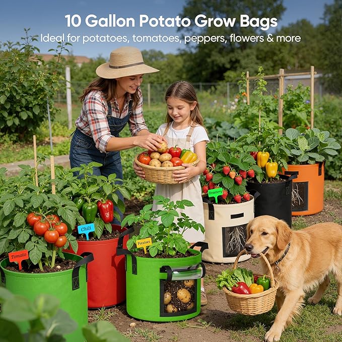 10 Gallon Potato Grow Bags: Set of 5 Colorful Gardening Supplies Fabric Pots with Harvest Window Reinforced Handles - Planting Container for Vegetable Tomatoes Carrot Flowers Balcony Patio Use